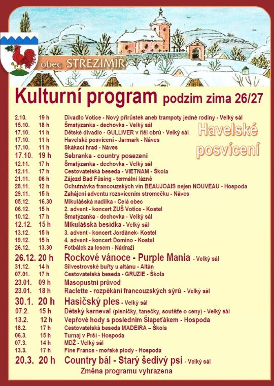 Program akcí ve Střezimíři podzim - zima 2026-27