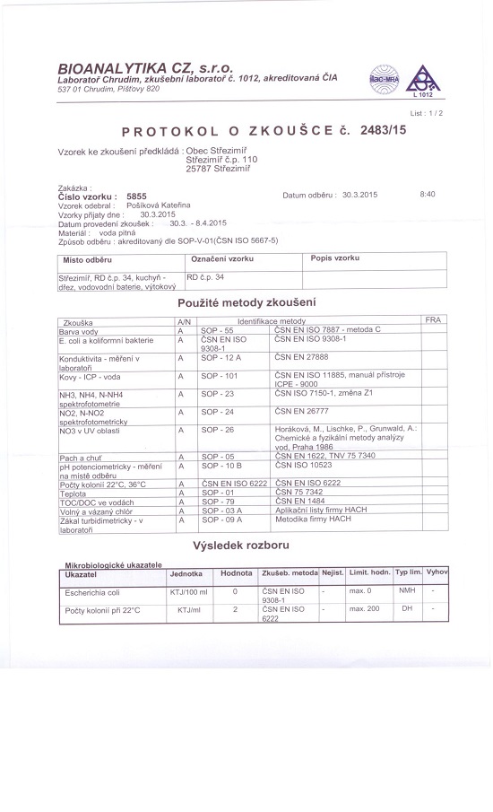 Rozbor vody z 30.3.2015