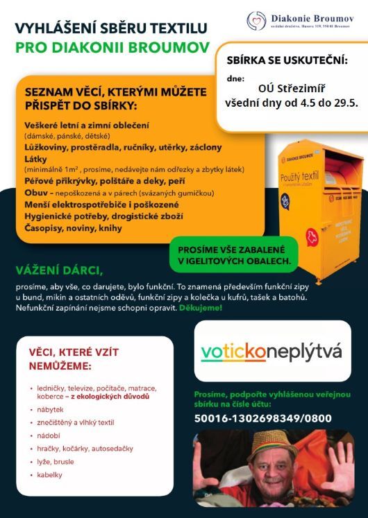 Charitativní sbírka textilu pro Diakonii Broumov - květen 2026